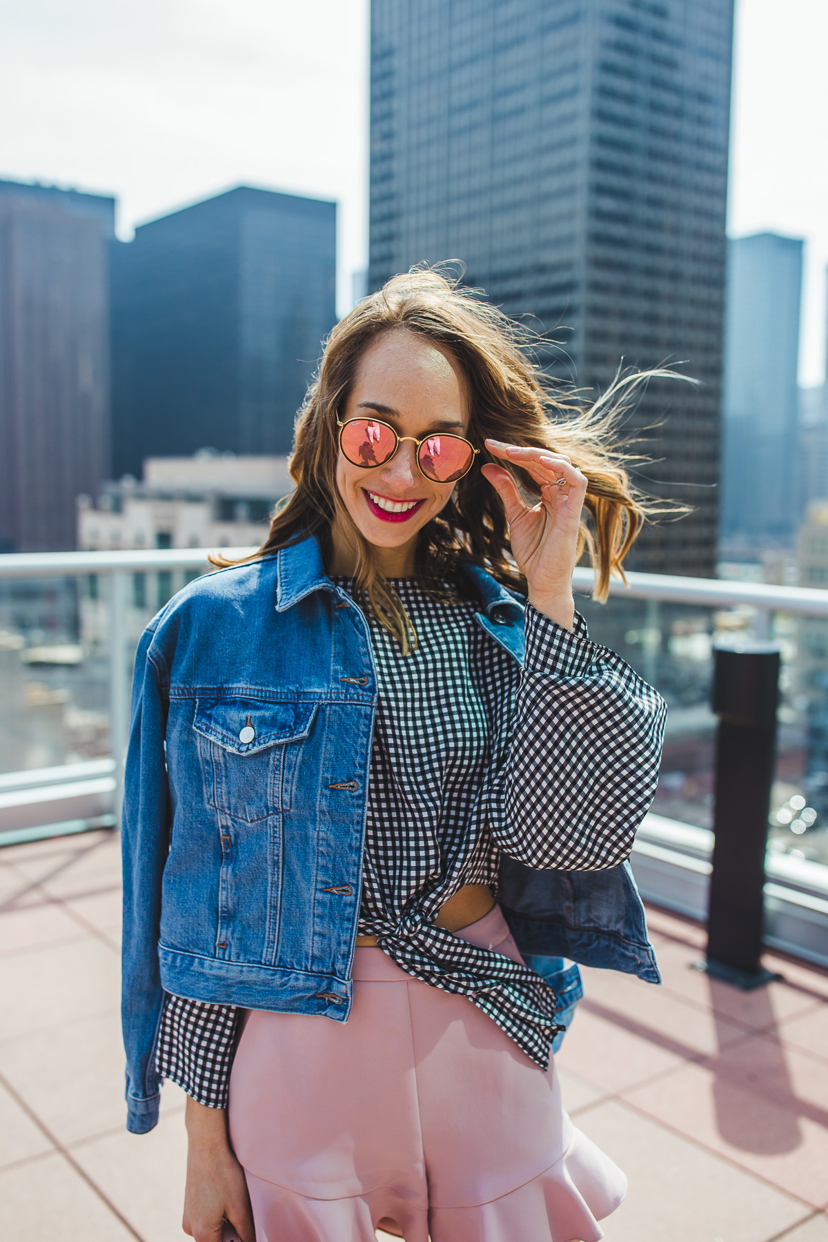 mirrored sunnies and gingham shirt
