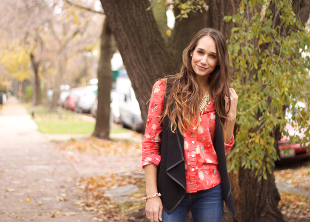 color punch, jcrew,black vest, shoemint booties, blair culwell, the fox and she