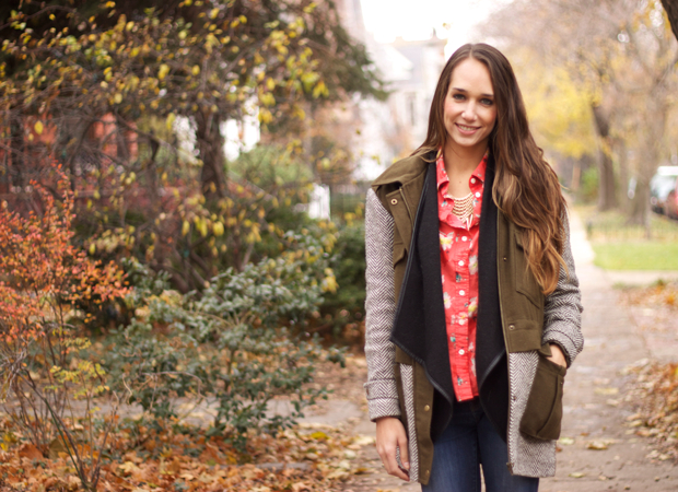 color punch, jcrew,black vest, shoemint booties, blair culwell, the fox and she