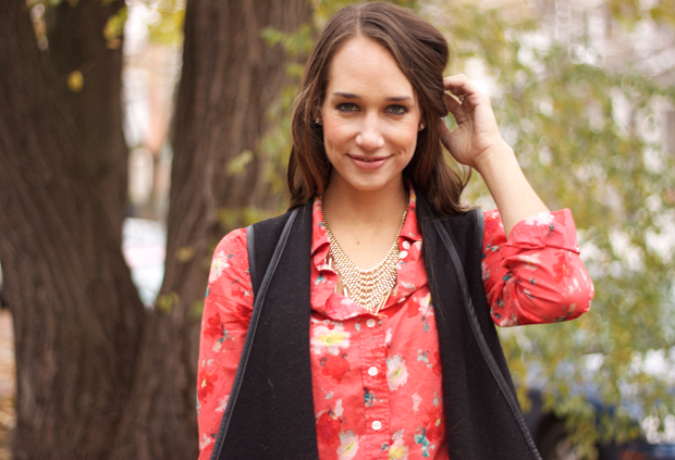 color punch, jcrew,black vest, shoemint booties, blair culwell, the fox and she