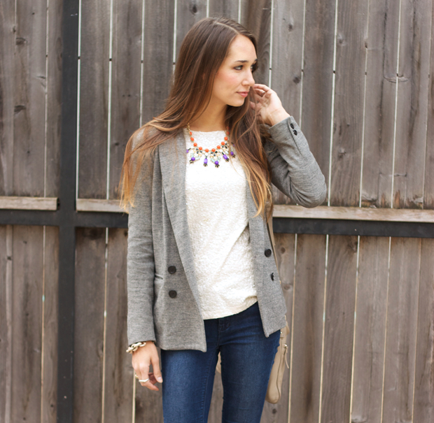 blazer-sequin-top, white sequin shirt, grey blazer, grey suede heels, blair culwell, the fox and she