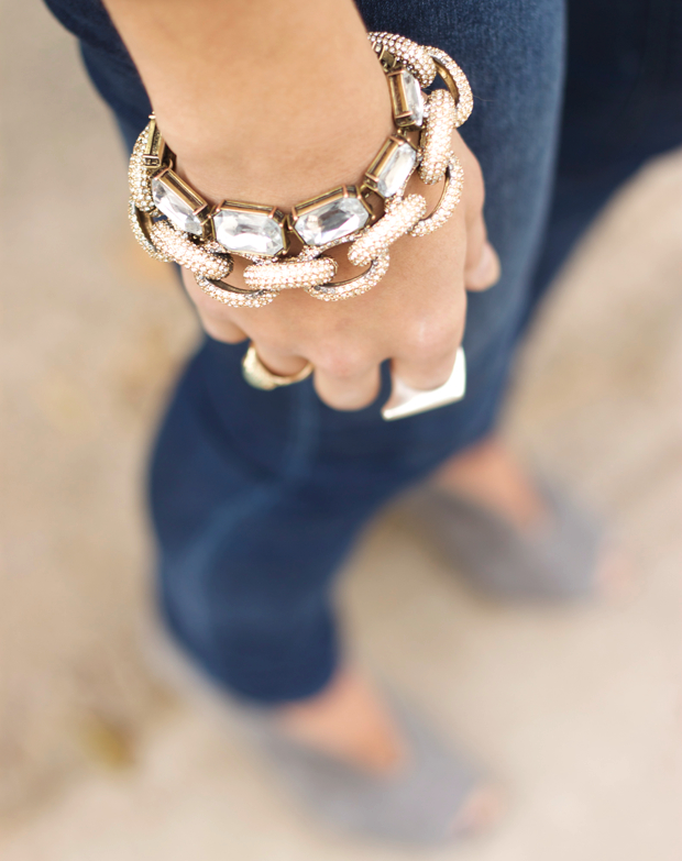 pave-link-bracelet,white sequin shirt, grey blazer, grey suede heels, blair culwell, the fox and she