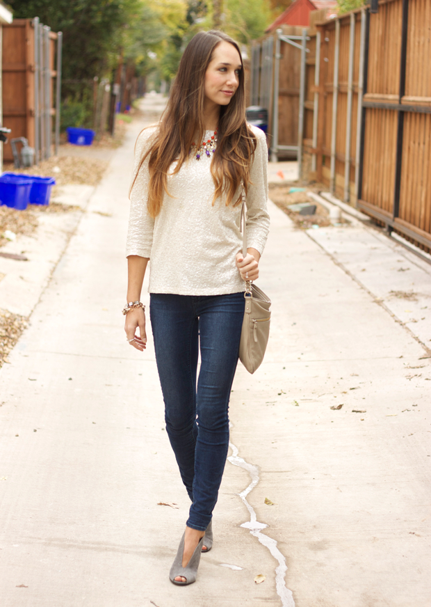 sequin-top2-jbrand, white sequin shirt, grey blazer, grey suede heels, blair culwell, the fox and she