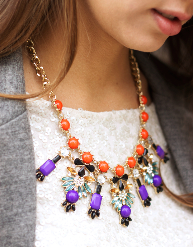 statement-necklace2, white sequin shirt, grey blazer, grey suede heels, blair culwell, the fox and she