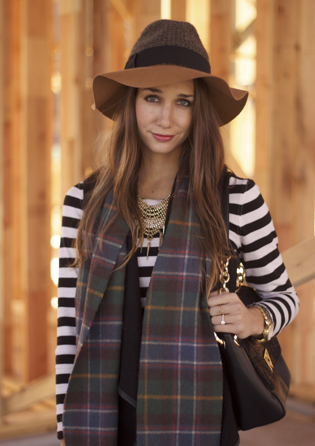 striped shirt, fedora,  plaid scarf, frye boots, blair culwell, the fox and she