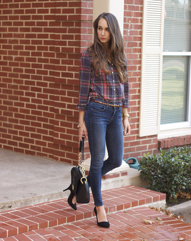 tartan shirt, skinny jeans, black pumps, blair culwell, the fox and she