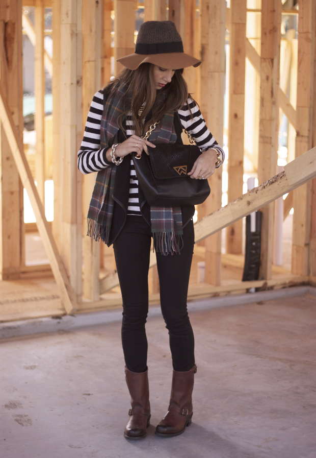 striped shirt, fedora,  plaid scarf, frye boots, blair culwell, the fox and she