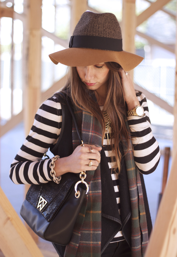 women's fashion,striped shirt, fedora,  plaid scarf, frye boots, blair culwell, the fox and she