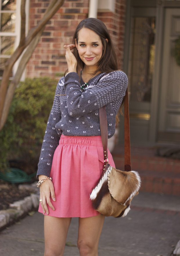 reindeer sweater, pink skirt, emily rosendahl, blair culwell, the fox and she