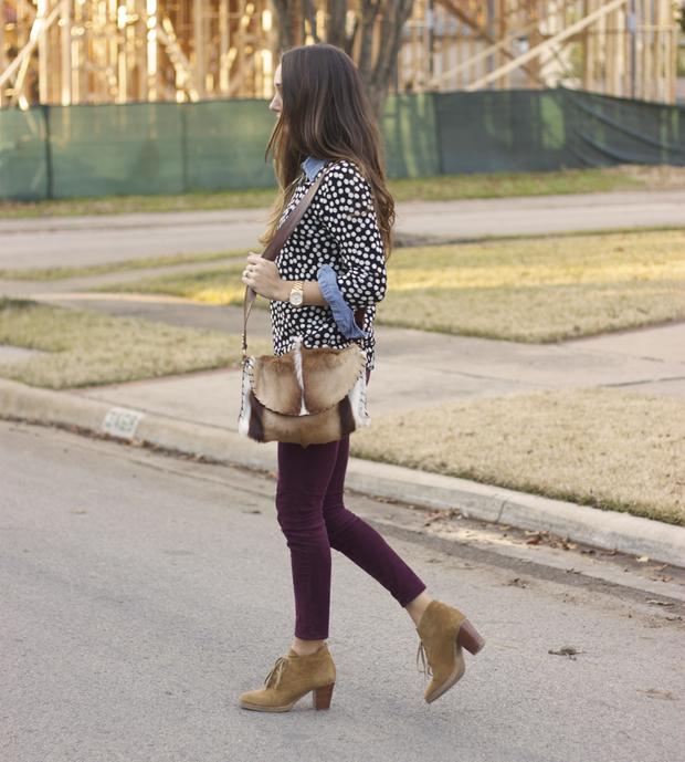 dotted sweater, wine colored corduroys, suede booties, blair culwell, the fox and she