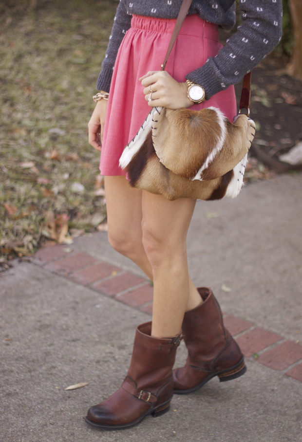 reindeer sweater, pink skirt, emily rosendahl, blair culwell, the fox and she