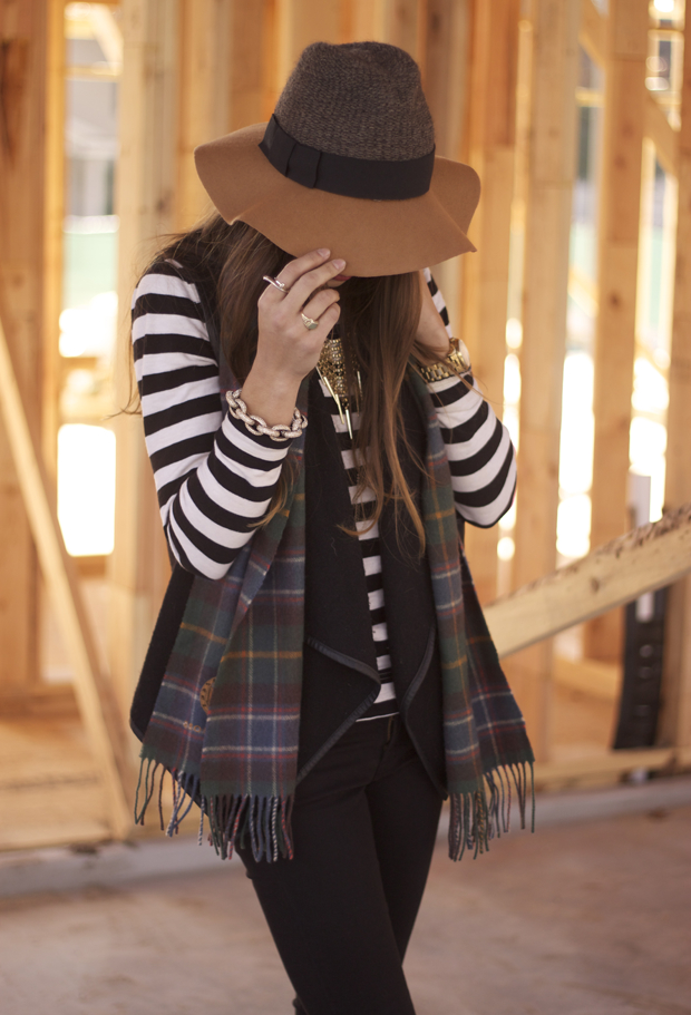 women's fashion,striped shirt, fedora,  plaid scarf, frye boots, blair culwell, the fox and she