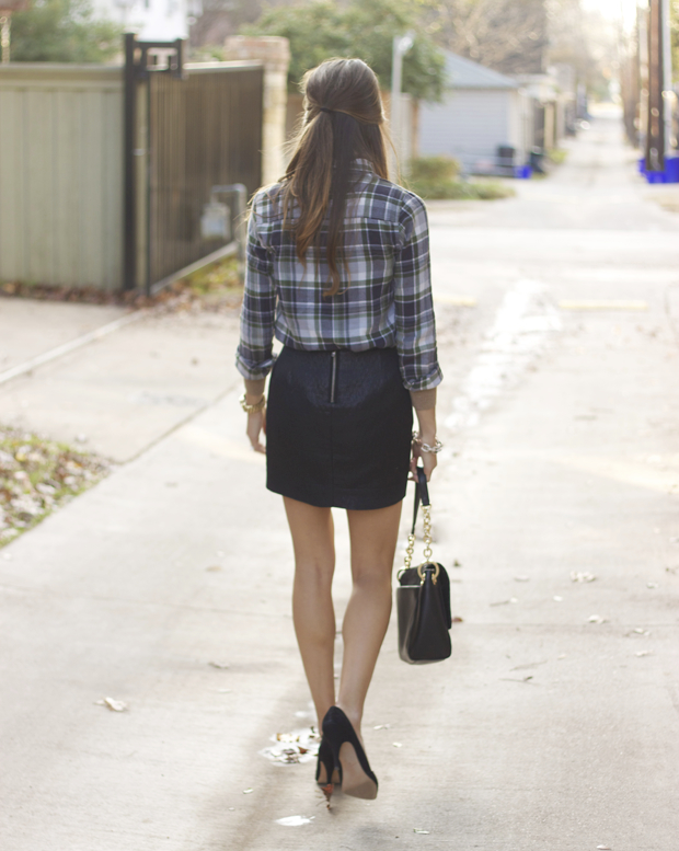 plaid flannel, jacquard skirt, mira heels, blair culwell, the fox and she