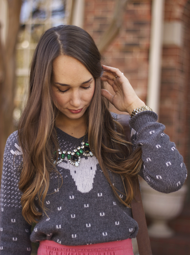 reindeer sweater, pink skirt, emily rosendahl, blair culwell, the fox and she