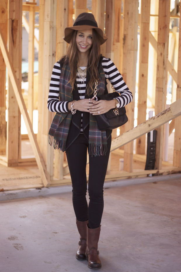 women's fashion,striped shirt, fedora,  plaid scarf, frye boots, blair culwell, the fox and she