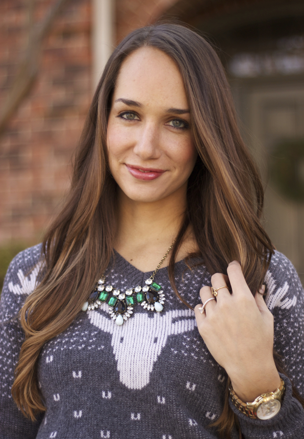 reindeer sweater, pink skirt, emily rosendahl, blair culwell, the fox and she