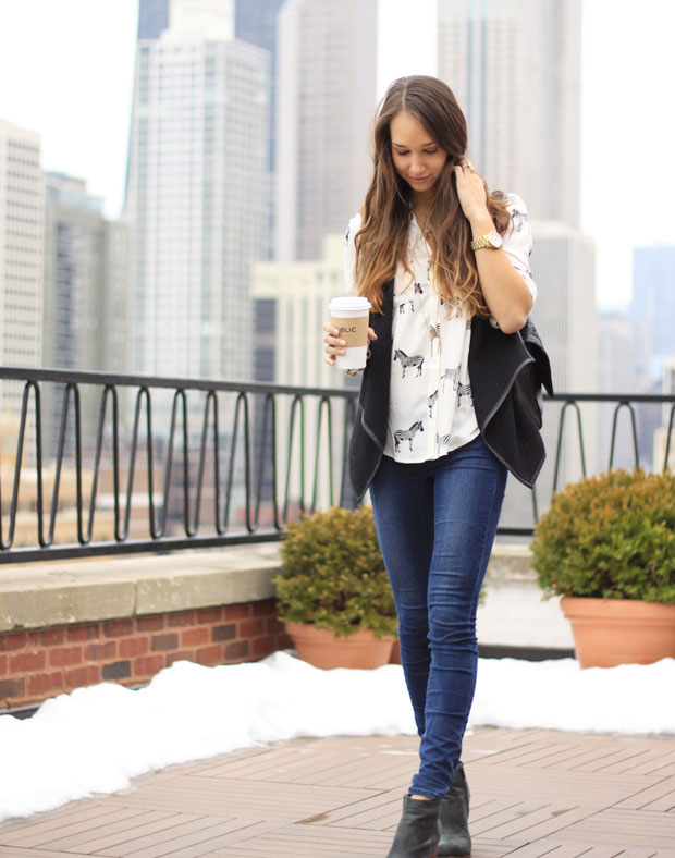 zebra buttondown, skinny jeans, black vest, overland button-down, blair culwell, fox and she