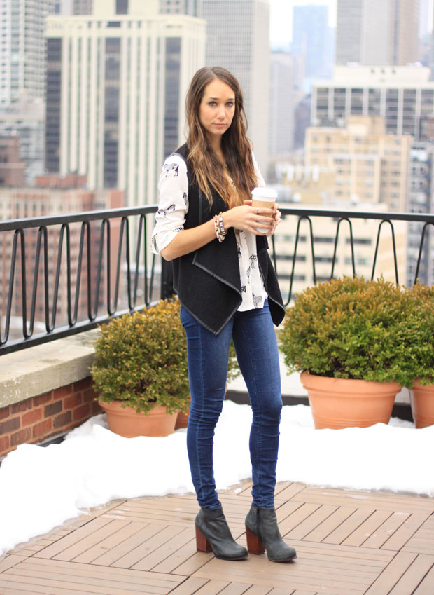 zebra buttondown, skinny jeans, black vest, overland button-down, blair culwell, fox and she