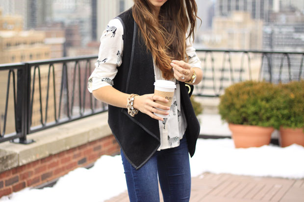 zebra buttondown, skinny jeans, black vest, overland button-down, blair culwell, fox and she