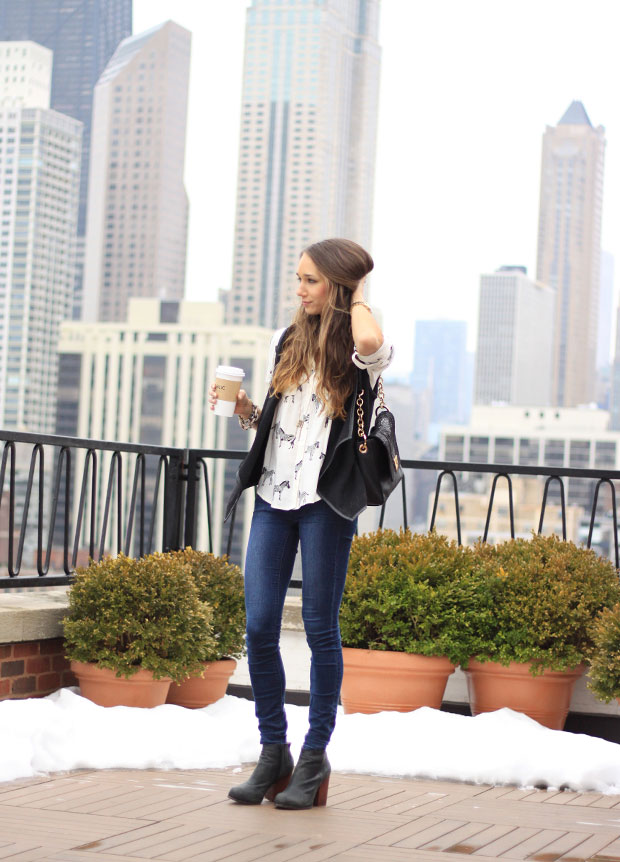 zebra buttondown, skinny jeans, black vest, overland button-down, blair culwell, fox and she