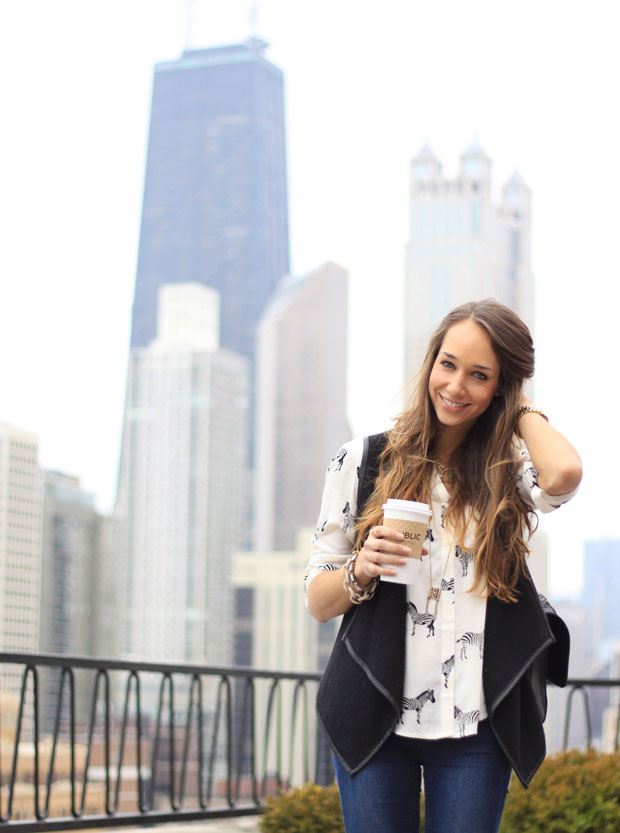 zebra buttondown, skinny jeans, black vest, overland button-down, blair culwell, fox and she