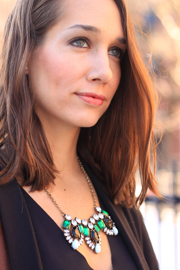 black blazer, slim lapel, black jeans, criss cross heels, statement necklace, blair culwell, fox and she