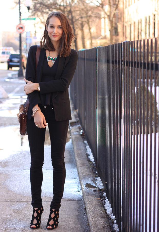 black blazer, slim lapel, black jeans, criss cross heels, statement necklace, blair culwell, fox and she