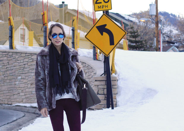 faux fur coat, striped sweater, statement necklace, fox and she, blair culwell, women's fashion