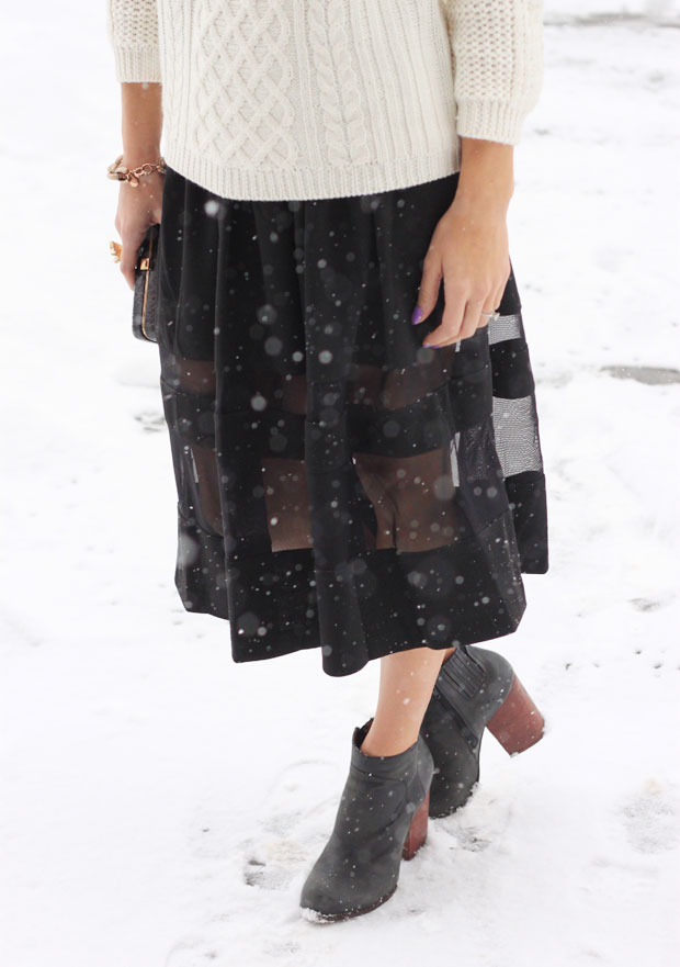 black midi skirt, cable knit sweater, in pink, statement necklace, cocktail ring, blair culwell, the fox and she