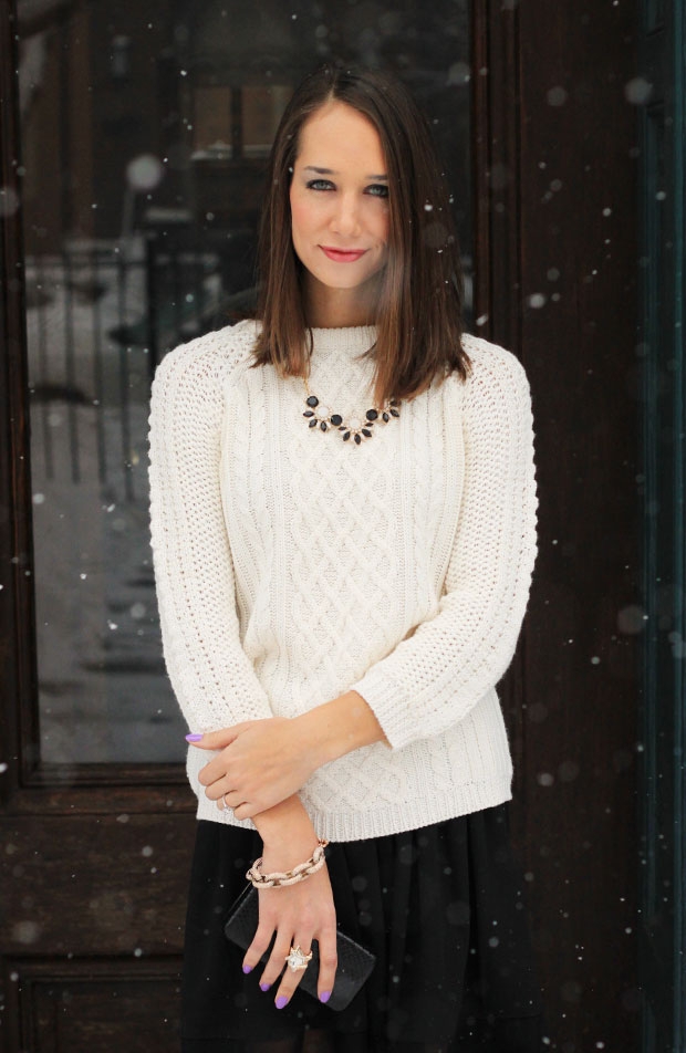 black midi skirt, cable knit sweater, in pink, statement necklace, cocktail ring, blair culwell, the fox and she