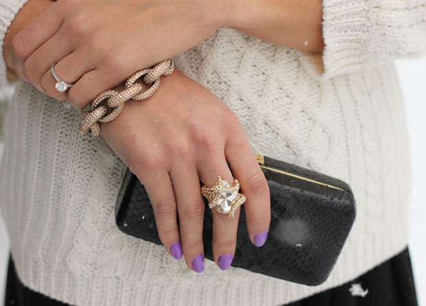 black midi skirt, cable knit sweater, in pink, statement necklace, cocktail ring, blair culwell, the fox and she