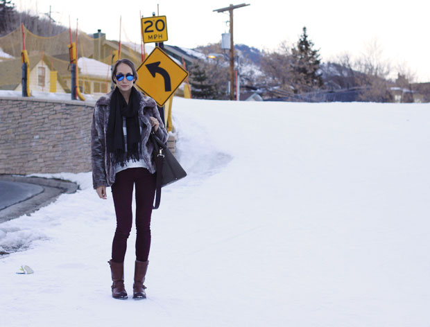 faux fur coat, striped sweater, statement necklace, fox and she, blair culwell, women's fashion