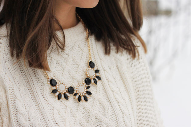 black midi skirt, cable knit sweater, in pink, statement necklace, cocktail ring, blair culwell, the fox and she