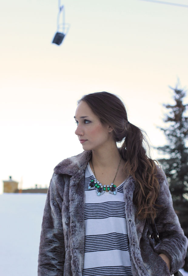 faux fur coat, striped sweater, statement necklace, fox and she, blair culwell, women's fashion