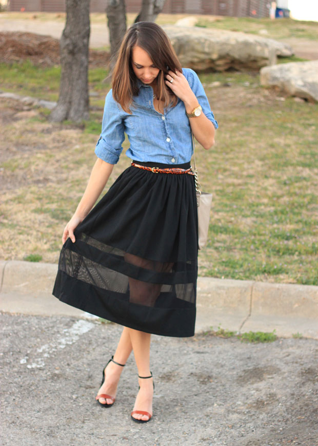black midi skirt, sheer paneled midi, midi skirt, chambray shirt, blair culwell, fox and she, women's fashion