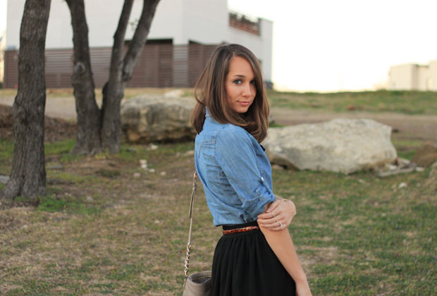 black midi skirt, sheer paneled midi, midi skirt, chambray shirt, blair culwell, fox and she, women's fashion