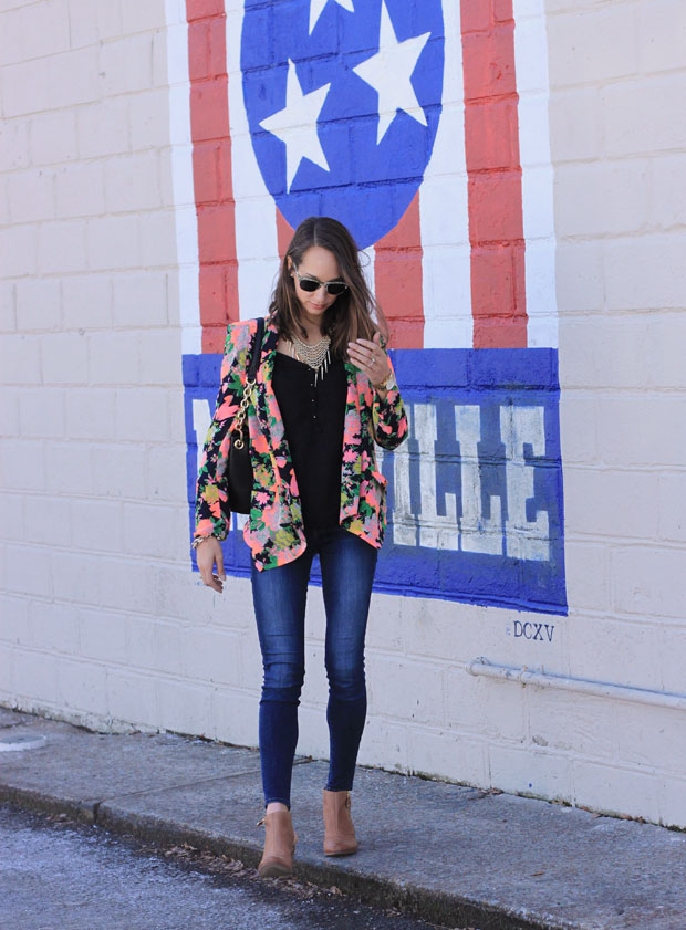 floral blazer, tan mules, kelly wynne bag, nashville, warby parker ellison, blair culwell, fox and she, women's fashion