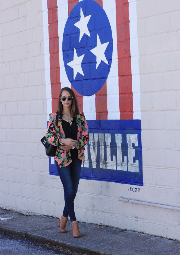 floral blazer, tan mules, kelly wynne bag, nashville, warby parker ellison, blair culwell, fox and she, women's fashion