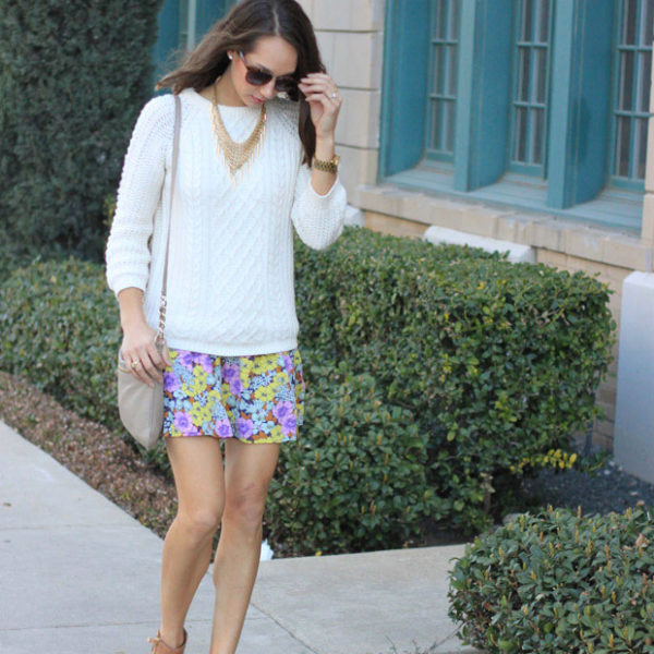 floral skirt, chunky knit sweater, statement necklace, tan mules, spring booties, blair culwell, fox and she