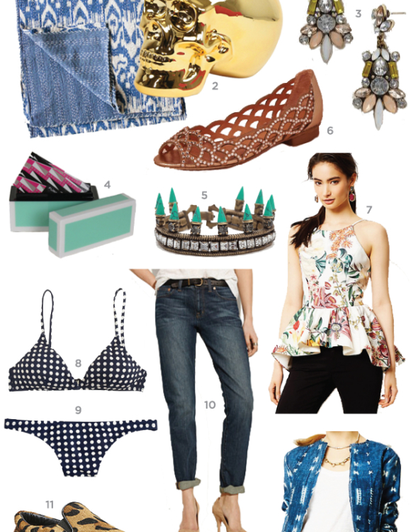 jcrew swimsuit, bhldn flats, gold skull, boyfriend jeans