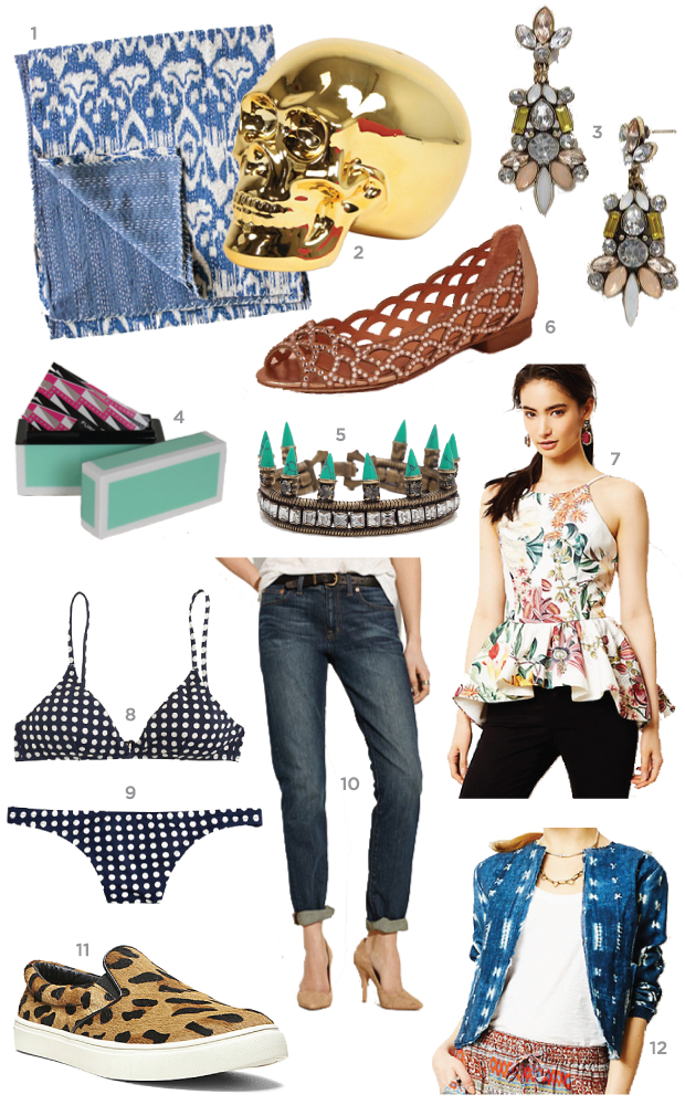 jcrew swimsuit, bhldn flats, gold skull, boyfriend jeans