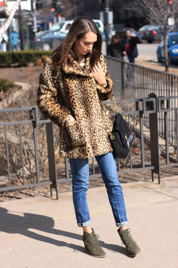 leopard coat, striped tee, boyfriend jeans, wedge booties, blair culwell, fox and she