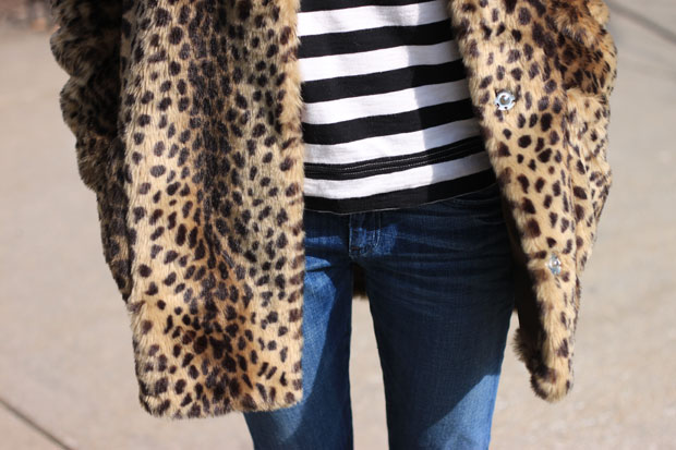 leopard coat, striped tee, boyfriend jeans, wedge booties, blair culwell, fox and she