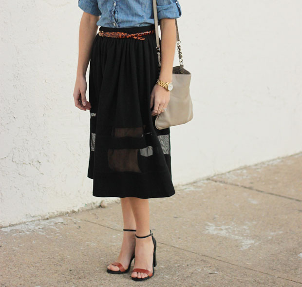 black midi skirt, sheer paneled midi, midi skirt, chambray shirt, blair culwell, fox and she, women's fashion