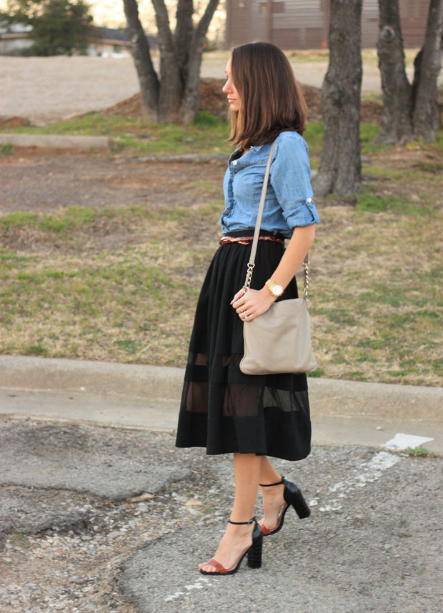 black midi skirt, sheer paneled midi, midi skirt, chambray shirt, blair culwell, fox and she, women's fashion
