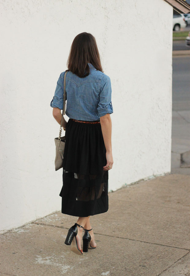 black midi skirt, sheer paneled midi, midi skirt, chambray shirt, blair culwell, fox and she, women's fashion