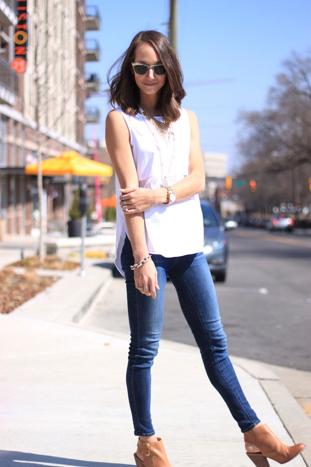 1.state, lace paneled sheer insert, white lace tank top, tan mules, sea elise necklace, blair culwell, fox and she