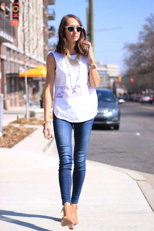 1.state, lace paneled sheer insert, white lace tank top, tan mules, sea elise necklace, blair culwell, fox and she