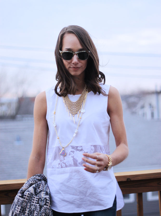 1.state, lace paneled sheer insert, white lace tank top, tan mules, sea elise necklace, blair culwell, fox and she