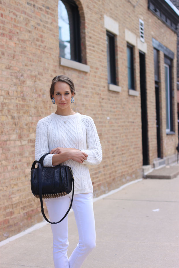 ivory sweater, white jeans, madewell booties, baublebar earring, blair culwell, fox and she